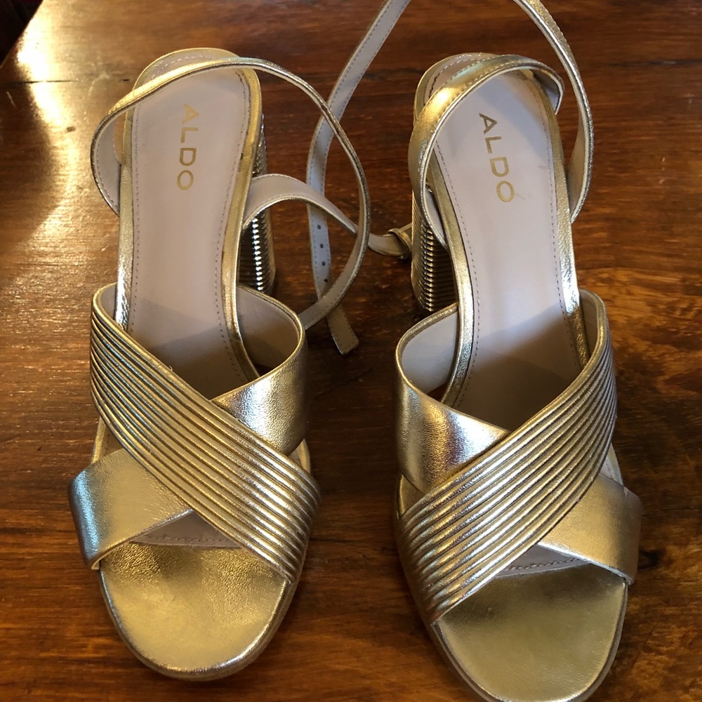 Aldo around the ankle strap chunky gold heel